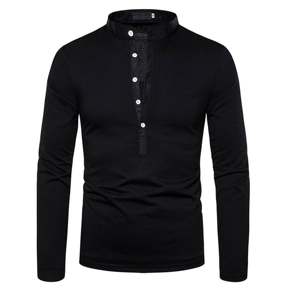 QUINDOS Shirts for Men 2024,Men Fall And Winter Fashion Casual Solid V St Neck Long Sleeve Button Loose Vacation Tee Shirts