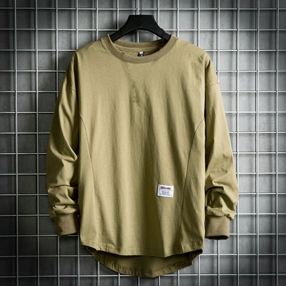QUINDOS Shirts for Men 2024,Men's Fall And Winter Fashion Casual Cotton Pullover Solid Color Long Sleeve Round-Neck Loose Vacation Tee Shirts