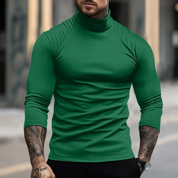 QUINDOS Shirts for Men 2024,Mens Fall And Winter Fashion Casual Pullover Solid Long Sleeve Turtleneck Comfortable Vacation T Shirts