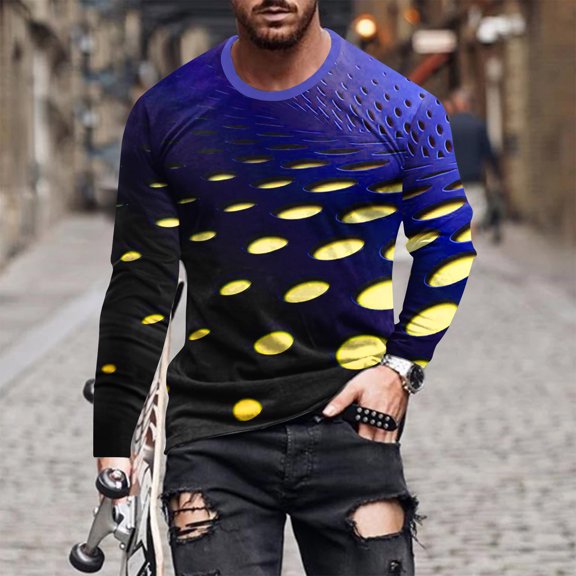 QUINDOS Shirts for Men 2024,Mens Fall And Winter Fashion Casual Round Neck Long Sleeve Pullover Stripe Printed Comfy Vacation T-shirt