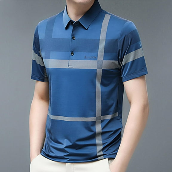 QUINDOS Shirts for Men Collared Polo Casual Short Sleeve Shirts Work Tennis Loose Striped T-shirts