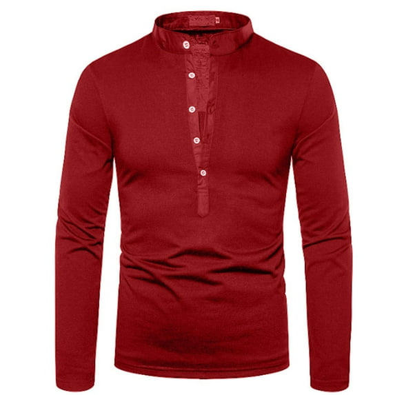 QUINDOS Shirts for Men,Men Fall And Winter Fashion Casual Solid V St Neck Long Sleeve Button Loose Fit Workout T-shirts