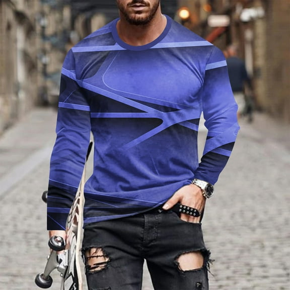 QUINDOS Shirts for Men,Men's Fall And Winter Fashion Casual Round Neck Long Sleeve Pullover Stripe Printed Comfort Workout T Shirt