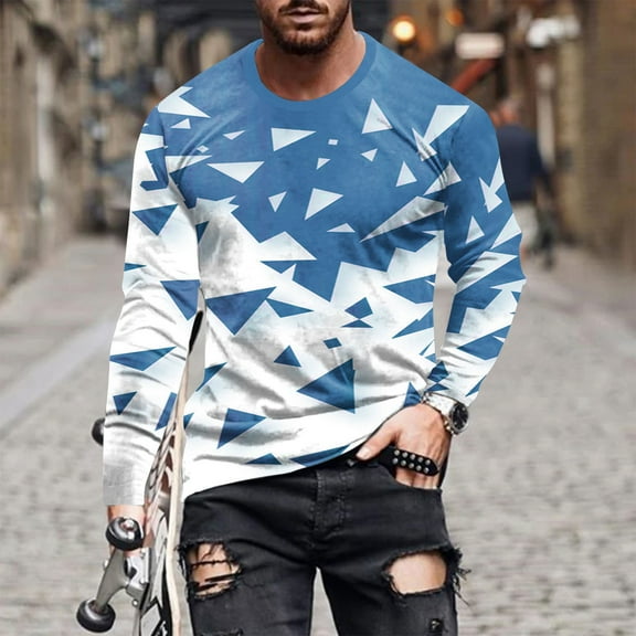 QUINDOS Shirts for Men,Mens Fall And Winter Fashion Casual Round Neck Long Sleeve Pullover Stripe Printed Comfortable Workout T Shirts