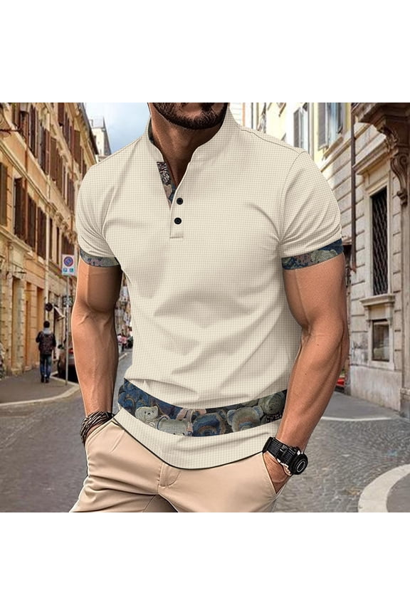 Shirts for Men Short Sleeve Casual Collared Polo Shirts Loose Waffle Patchwork Moisture Wicking Solid T-shirts