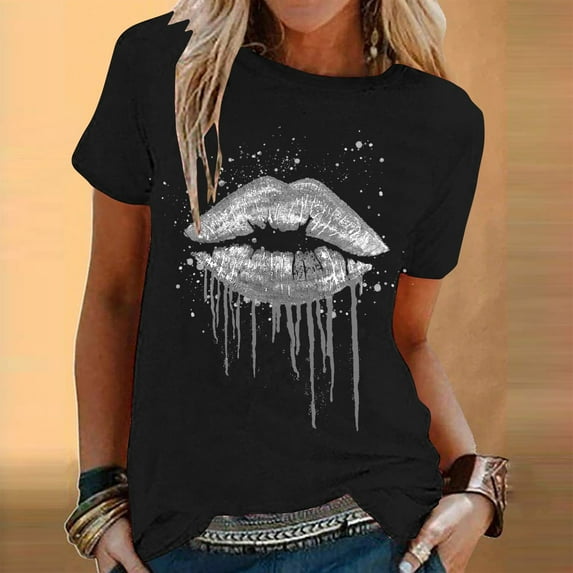 QUINDOS Shirts for Women Summer Gray Short Sleeve Womens Tops Plus Size Print Party Crew Neck Tops