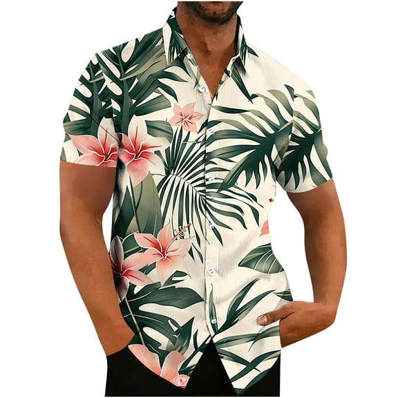 QUINDOS Short Sleeve Hawaii Shirts for Men Summer Button up Casual Shirts Loose Fit Beach Tropical Print Vacation Shirts