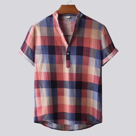 QUINDOS Short Sleeve Hawaiian Shirt Men Summer Button Down Casual Cotton Linen Shirts Plaid Loose Vacation Beach Shirts