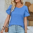 thumbnail image 1 of QUINDOS Short Sleeve Ladies Tshirts Blue Cotton Summer Womens Tops Trip Ruffle Sleeve Crew Neck Solid Tops, 1 of 4