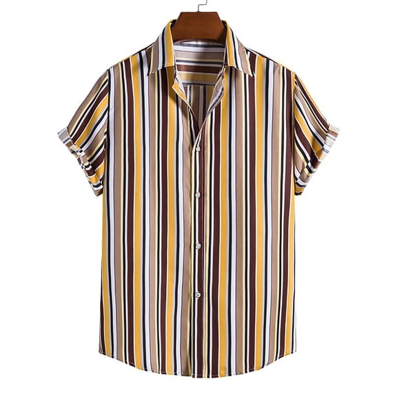 QUINDOS Short Sleeve Mens Hawaiian Shirt Cotton Blend Button Down Summer Casual Shirts Beach Vacation Striped Loose Shirts