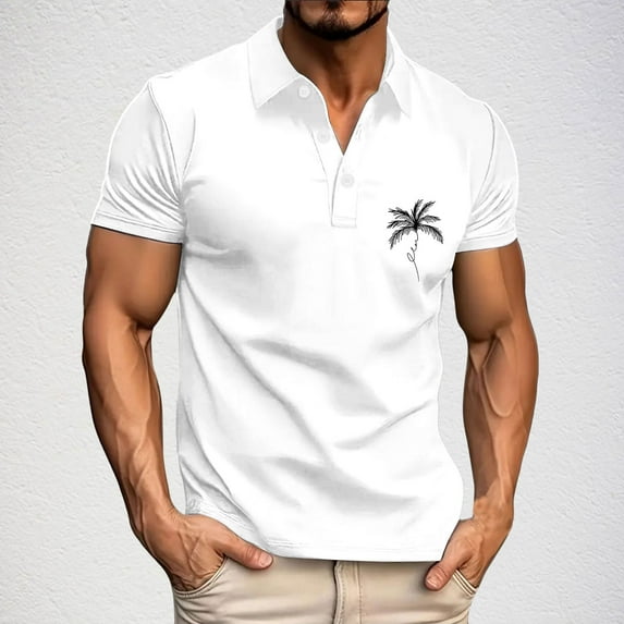 QUINDOS Short Sleeve Mens Shirts Casual Collared Polo Shirts Loose Tropical Hawaii Print Regular Fit Golf T-shirts