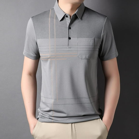 QUINDOS Short Sleeve Mens Shirts Casual Collared Polo Shirts Striped Vacation Loose Summer T-shirts