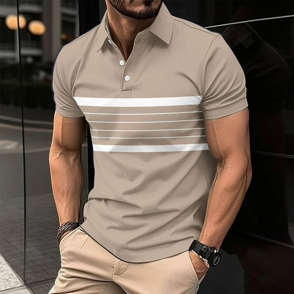 QUINDOS Short Sleeve Mens Shirts Casual Polo Collared Shirts Loose Striped Summer Moisture Wicking T-shirts