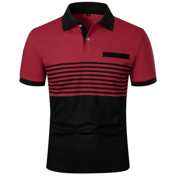 QUINDOS Short Sleeve Mens Shirts Collared Casual Polo Shirts Striped Relaxed Fit Vacation Patchwork T-shirts