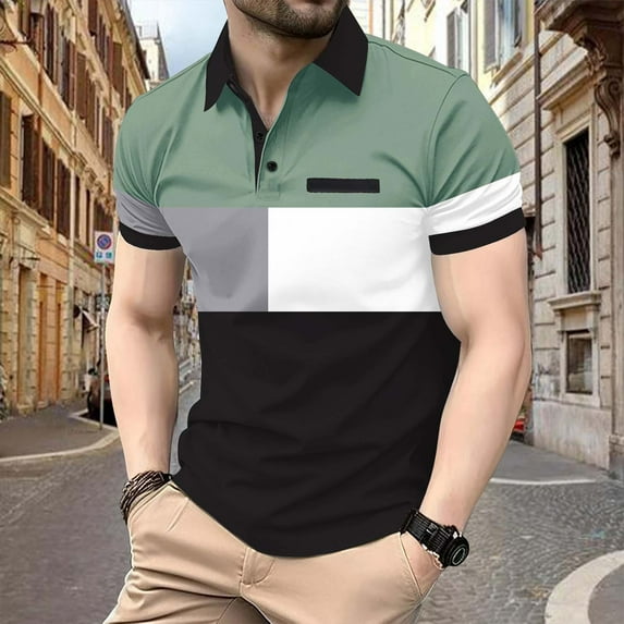 QUINDOS Short Sleeve Shirts for Men Big and Tall Collared Polo Casual Shirts Golf Slim Color Block Breathable Button T-shirts