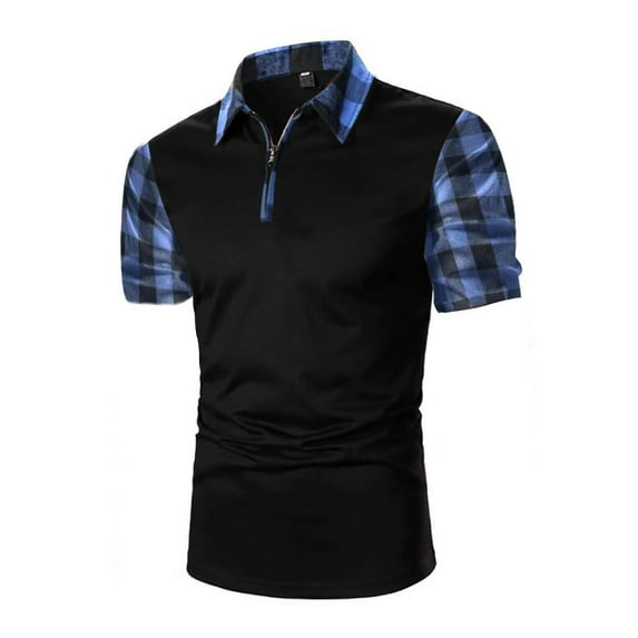 QUINDOS Short Sleeve Shirts for Men Collared Polo Casual Shirts Golf Plaid Loose Solid Patchwork T-shirts