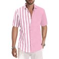 thumbnail image 1 of QUINDOS Short Sleeve Shirts for Men Hawaiia Button up Casual Summer Shirts Vacation Beach Striped Loose Fit Patchwork Shirts, 1 of 4