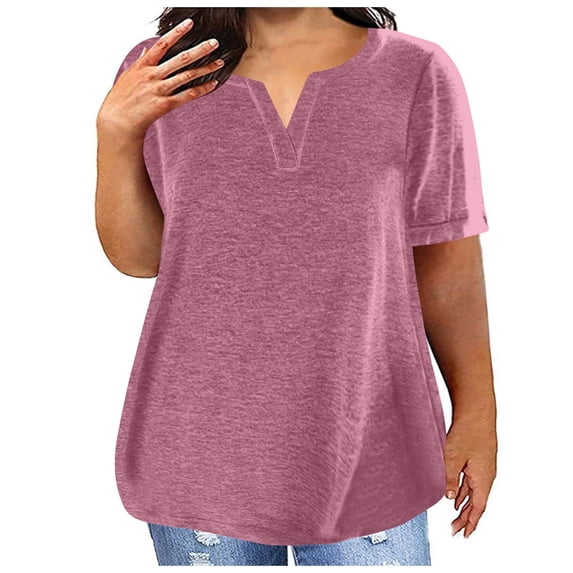 QUINDOS Short Sleeve Womens T Shirts Plus Size Purple Summer Cotton Tops for Women V-neck Outdoor Solid Tops