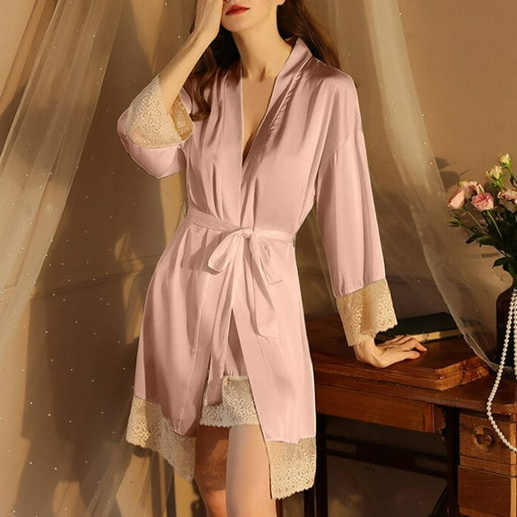 QUINDOS Silk Bathrobe for Women Satin Short Nightgowns for Women Mini Lace Patchwork Sleep Dress Casual Solid Belt Sleepwear Night Dress