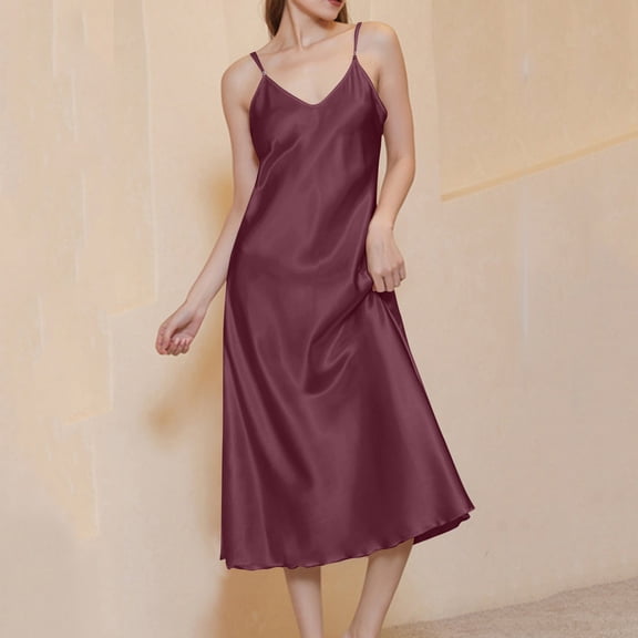 QUINDOS Silk Pajamas for Women Long Midi Nightgowns for Women Thin Satin Sleep Dress Casual Solid Sling Loose Club Wear Night Dress