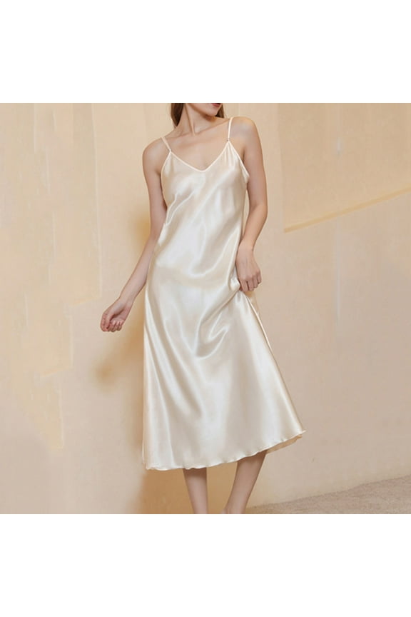 Silk Pajamas for Women Long Midi Nightgowns for Women Thin Satin Sleep Dress Casual Solid Sling Loose Club Wear Night Dress