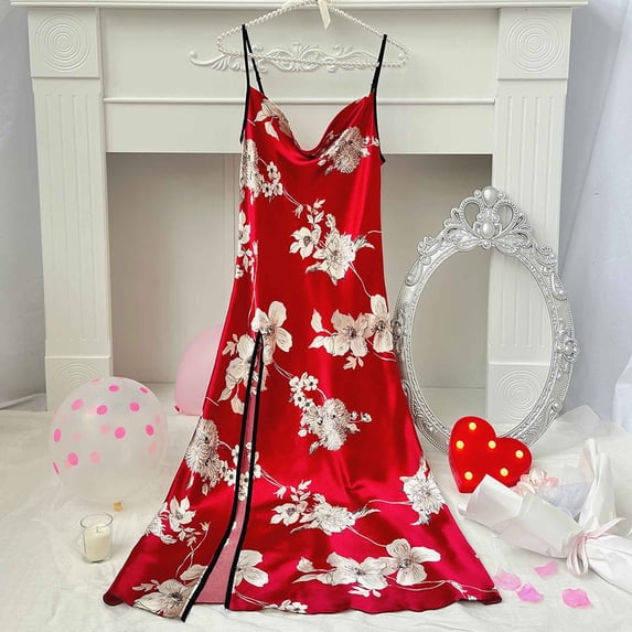 QUINDOS Silk Pajamas for Women Satin Plus Size Nightgowns for Women Sleeveless High Fork Suspenders Casual Sling Floral Sleepwear Night Dress