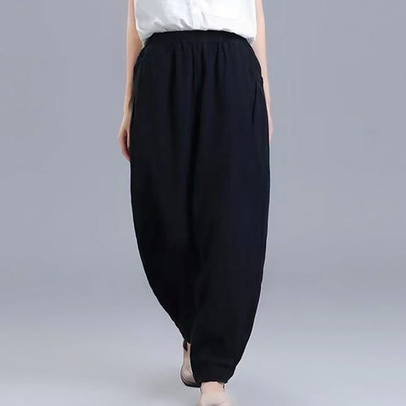 QUINDOS Straight Leg Pants for Women High Waisted Long Casual Pants Cotton Linen Pull on Relaxed Fit Trousers with Pockets