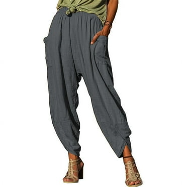 QUINDOS Straight Leg Womens Comfy Pants High Waisted Ankle Length Casual Pants Cotton Linen Relaxed Fit Trousers with Pockets