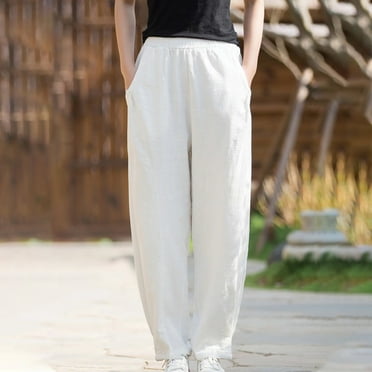 QUINDOS Straight Leg Womens Pants Clearance Under $10 Long High Waisted Casual Trousers Cotton Linen Pull on Relaxed Fit Pants with Pockets