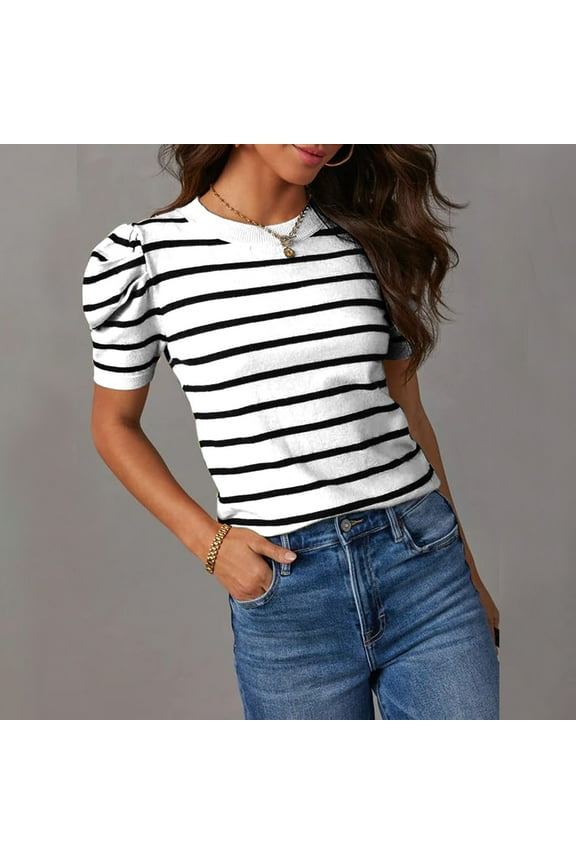 Striped Plus Size Tee Shirts for Women Short Sleeve Summer Black Womens Plus Tops Trip Crew Neck Tops