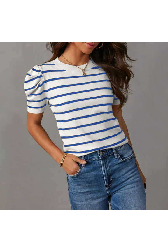 Striped Women Plus Size T Shirts Summer Blue Short Sleeve Women's Tops Crew Neck Cool Tops