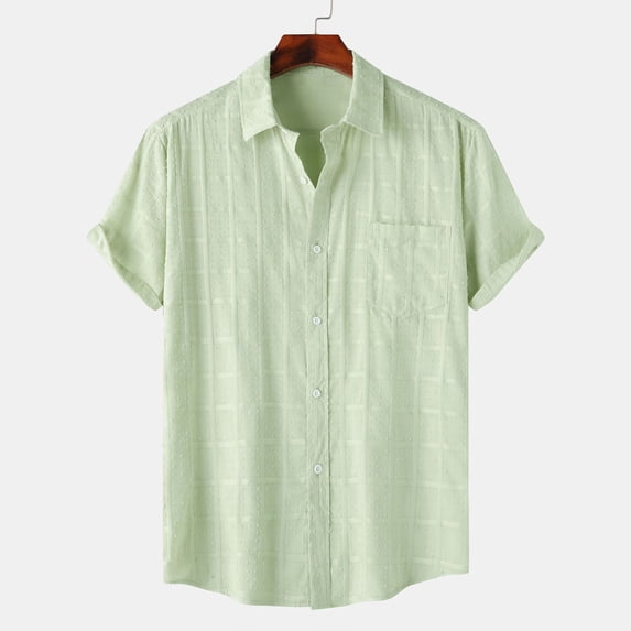 QUINDOS Summer Cotton Hawaiian Shirts for Men Casual Short Sleeve Button up Shirts Vacation Loose Fit Solid Beach Shirts