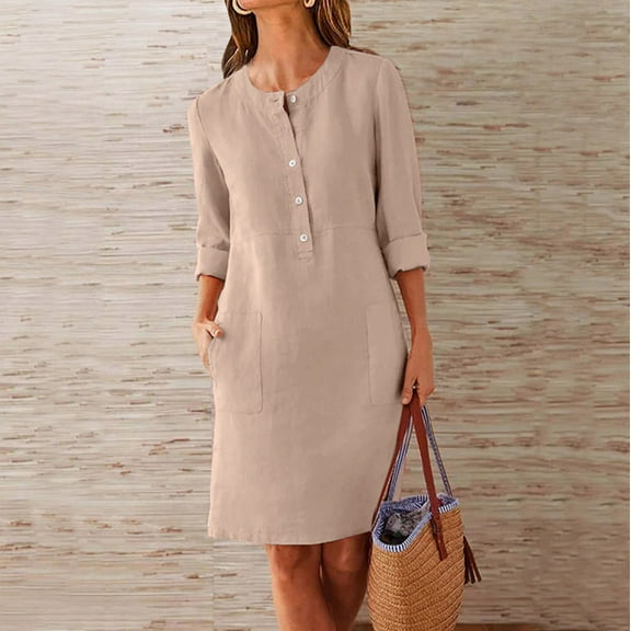 QUINDOS Summer Dresses for Women 2025 Shirt Dress Long Sleeve Casual Crew Neck Sun Dresses Pockets Solid Color Button Down Knee Length Midi Dresses for Women