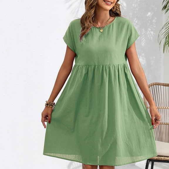 QUINDOS Summer Dresses for Women 2025 Short Sleeve Crew Neck Sundress Casual Sun Dresses Cotton Linen Solid Color Mid Length Knee Length Mini Dresses for Women