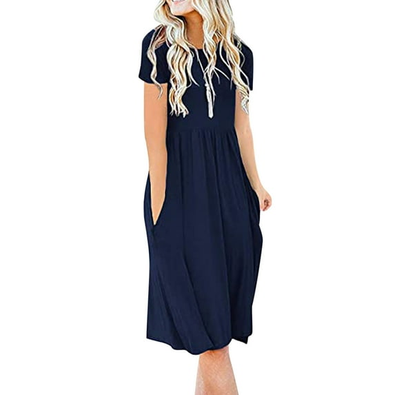 QUINDOS Summer Dresses for Women 2025 Short Sleeve Sundress Beach Crew Neck Sun Dresses Pockets Solid Color Pleated Knee Length Mini Dresses for Women