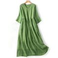 thumbnail image 1 of QUINDOS Summer Dresses for Women 3/4 Sleeve Shirt Dress Casual V-neck Sun Dresses Solid Color Cottn Linen Button Down Midi Mid Length Dresses for Women, 1 of 6