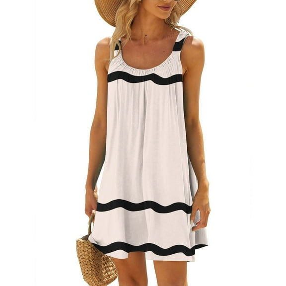 QUINDOS Summer Dresses for Women 2025 Beach Sleeveless Sundress Crew Neck Sun Dresses Pleated Striped Above Knee Mini Dresses for Women