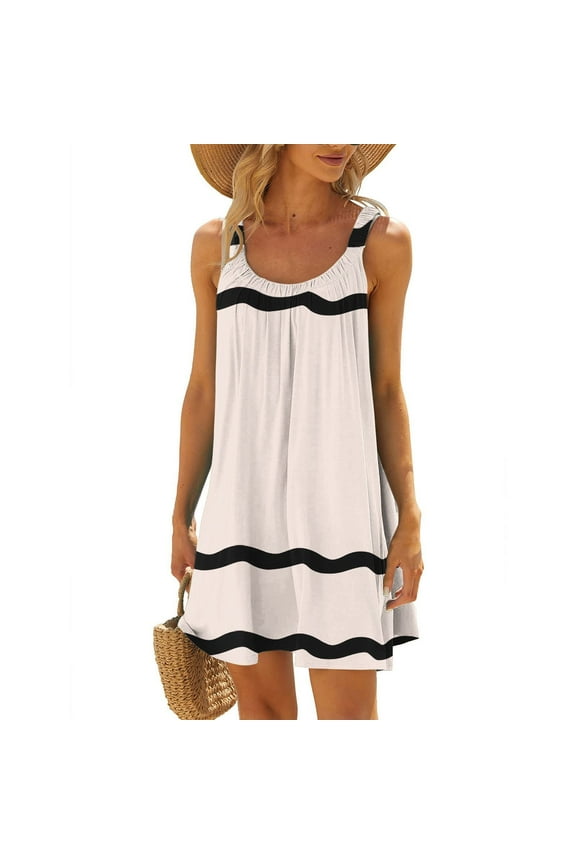 Summer Dresses for Women 2025 Beach Sleeveless Sundress Crew Neck Sun Dresses Pleated Striped Above Knee Mini Dresses for Women