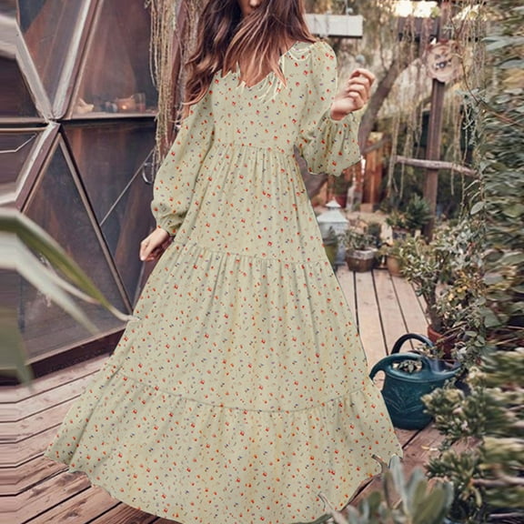 QUINDOS Summer Dresses for Women 2025 Casual Crew Neck Sundress Long Sleeve Plus Size Dresses Chiffon Print Flowy Long Maxi Dresses for Women