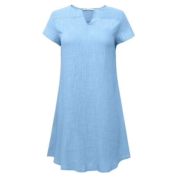QUINDOS Summer Dresses for Women 2025 Casual Sundress V-neck Short Sleeve Sun Dresses Solid Color Cotton Linen Long Midi Dresses for Women