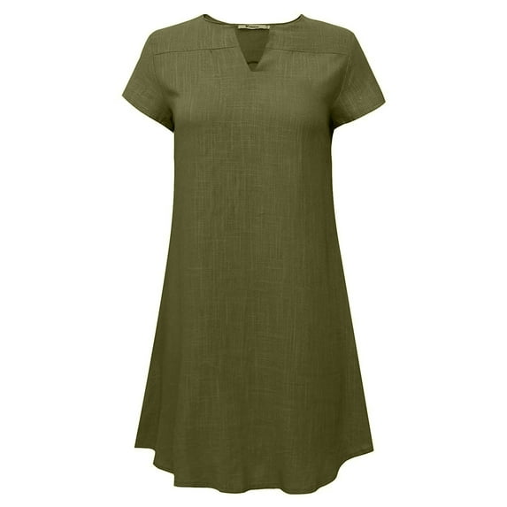 QUINDOS Summer Dresses for Women 2025 Casual Sundress V-neck Short Sleeve Sun Dresses Solid Color Cotton Linen Long Midi Dresses for Women