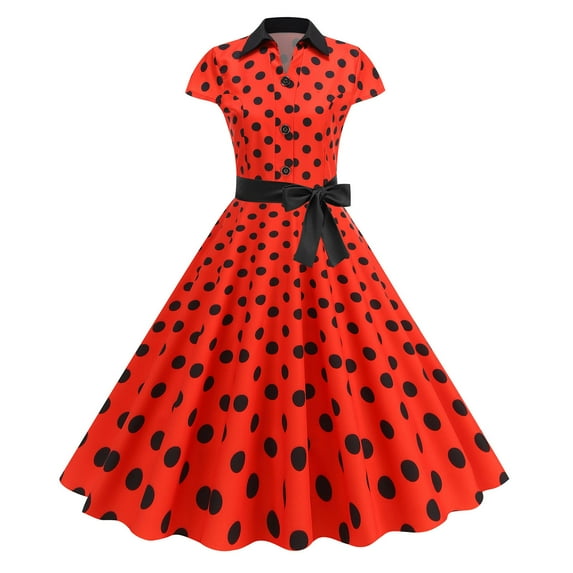 QUINDOS Summer Dresses for Women 2025 Casual V-neck A-Line Short Sleeve Party Dresses Polka Dot Button Slim Long Mini Dresses for Women