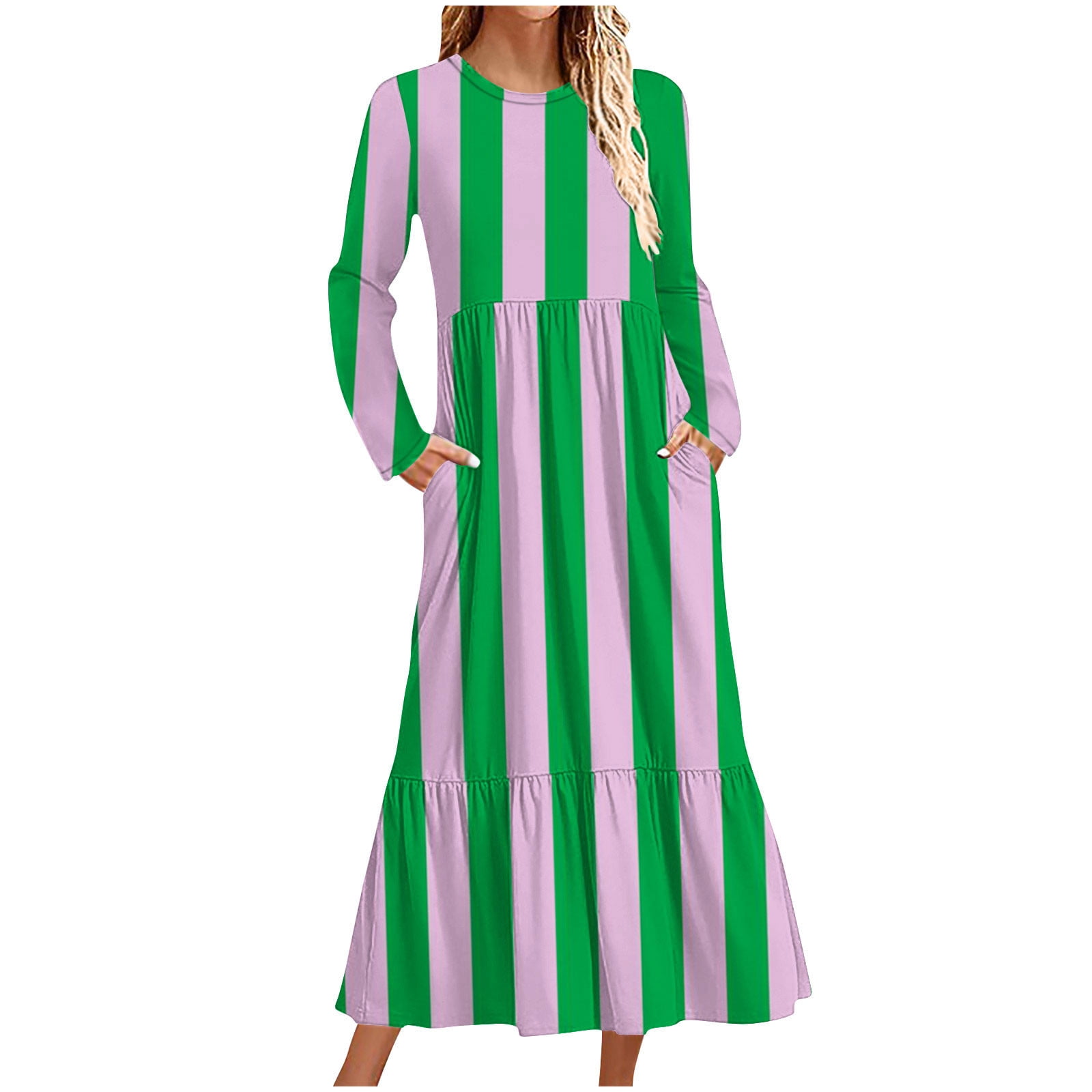 QUINDOS Summer Dresses for Women 2025 Crew Neck A-Line Long Sleeve ...