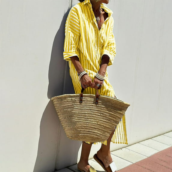 QUINDOS Summer Dresses for Women 2025 Half Sleeve Shirt Dress V-neck Casual Sun Dresses Striped Button Down Long Midi Dresses for Women