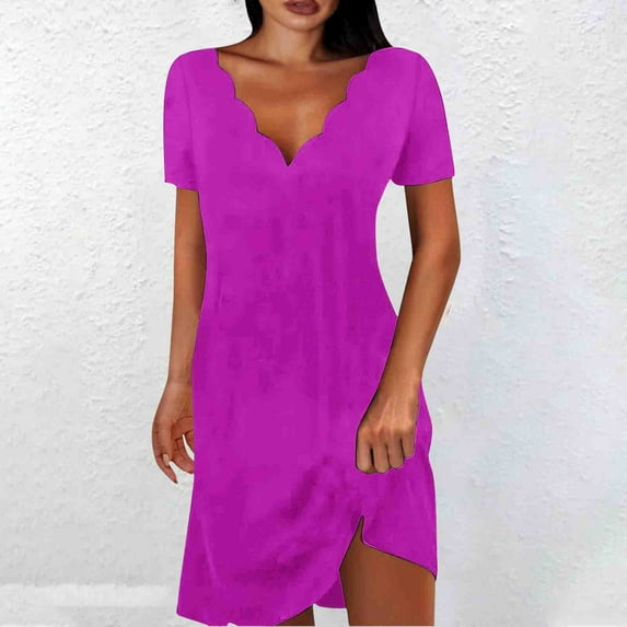 QUINDOS Summer Dresses for Women 2025 Short Sleeve Sundress V-neck Beach Sun Dresses Mid Length Solid Color Mini Above Knee Dresses for Women