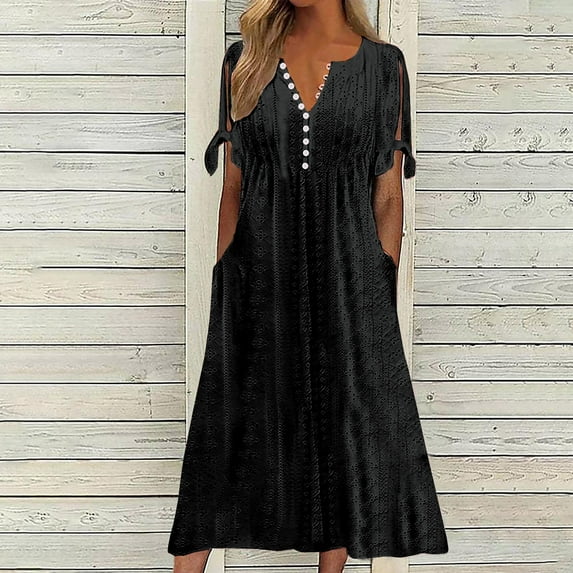 QUINDOS Summer Dresses for Women 2025 Short Sleeve V-neck Beach Sundress Sun Dresses Button Breathable Solid Color Midi Long Dresses for Women