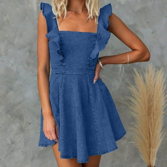 QUINDOS Summer Dresses for Women 2025 Sleeveless Casual Square Neck Sundress Denim Dresses Flowy Jean Solid Color Mini Knee High Dresses for Women