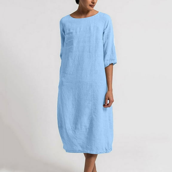 QUINDOS Summer Dresses for Women 2025 Sundress 3/4 Sleeve Casual Crew Neck Sun Dresses Cotton Linen Solid Color Midi Knee Length Dresses for Women