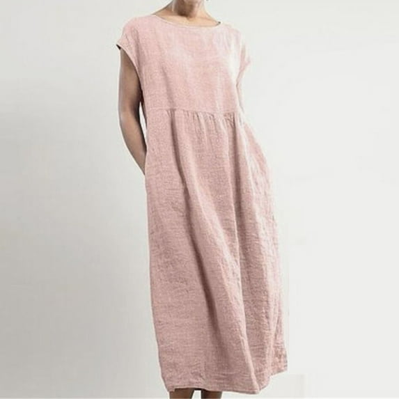 QUINDOS Summer Dresses for Women 2025 Sundress Beach Crew Neck Sleeveless Sun Dresses Cotton Linen Solid Color Kaftan Midi Long Dresses for Women