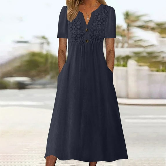 QUINDOS Summer Dresses for Women 2025 Sundress Casual V-neck Short Sleeve Sun Dresses Solid Color Cotton Linen Loose Long Mini Dresses for Women
